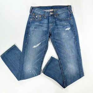 True Religion Distressed Straight Leg Jeans in Medium Blue